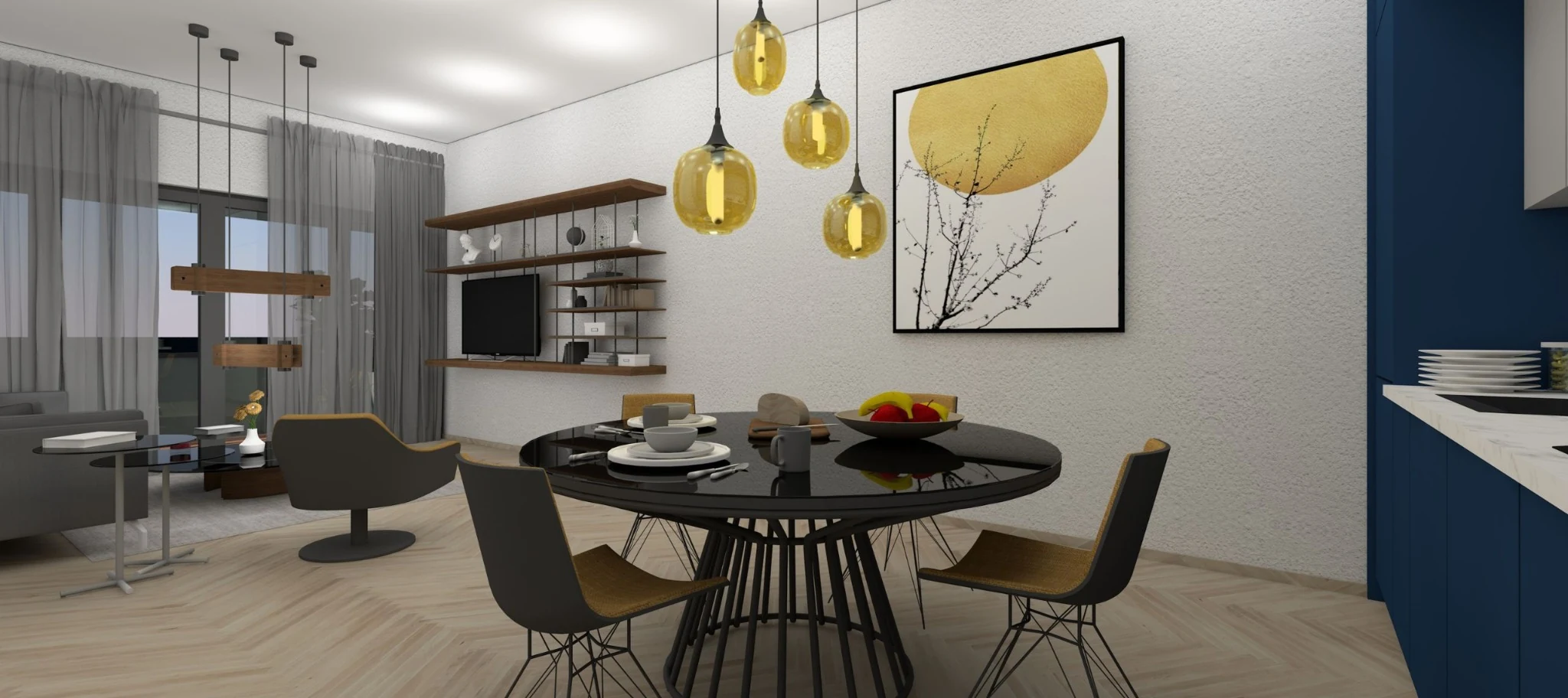 Visualisierung des offenen Wohn- und Essbereichs im Atrium 191